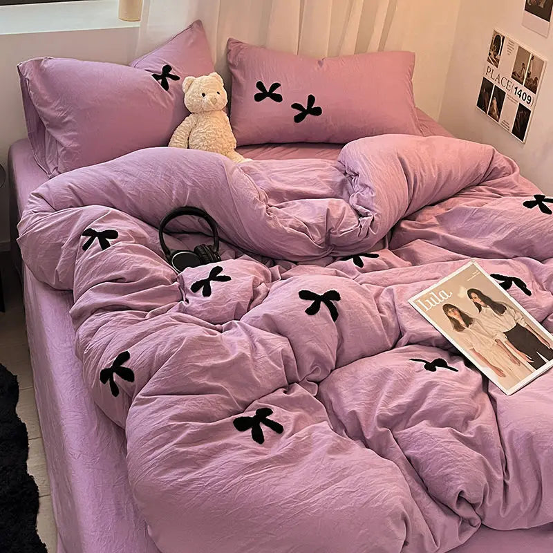 Korean Style Princess Black Bow Bedding Set Soft Washed Cotton Bed Linens With Sheet Pillowcase Girls Duvet Cover Decor Home