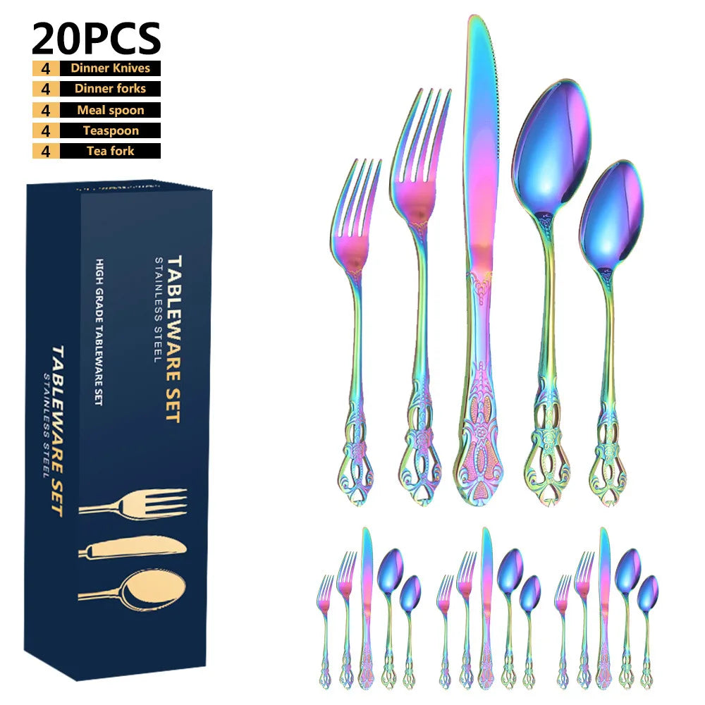 24pcs KuBac Luxury Golden Stainless Steel Steak Knife Fork Set Gold Cutlery Set With Luxury Wood Gift Box 16Pcs Drop Shipping