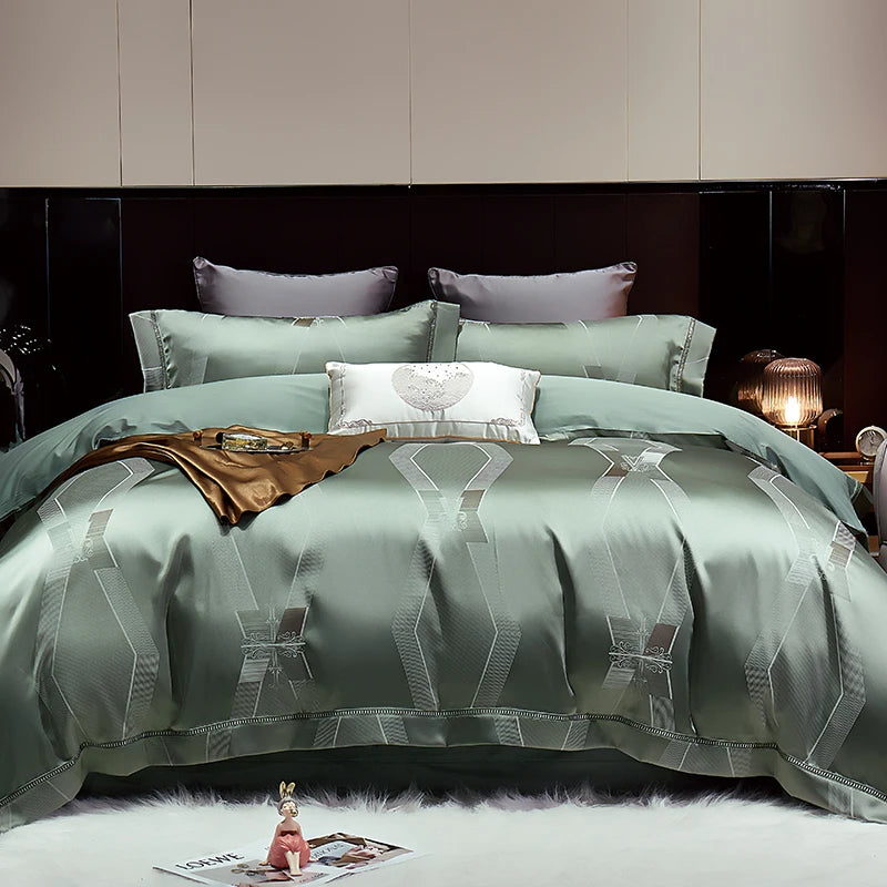 Luxury Satin Jacquard Bed Set - Gold Leaves, Egyptian Cotton, Duvet Cover & Sheets