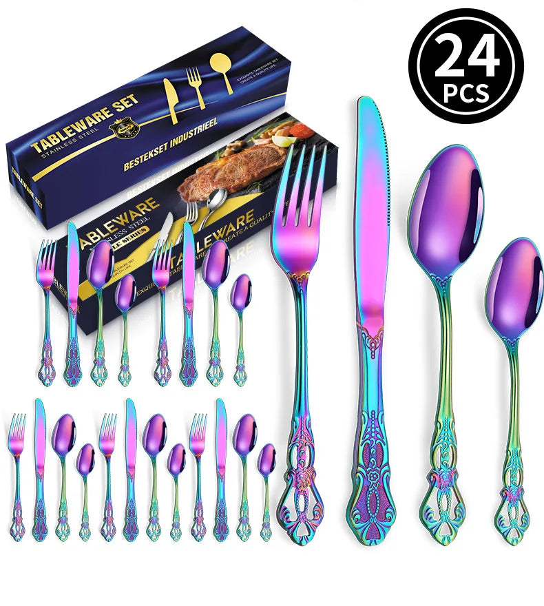 24pcs KuBac Luxury Golden Stainless Steel Steak Knife Fork Set Gold Cutlery Set With Luxury Wood Gift Box 16Pcs Drop Shipping