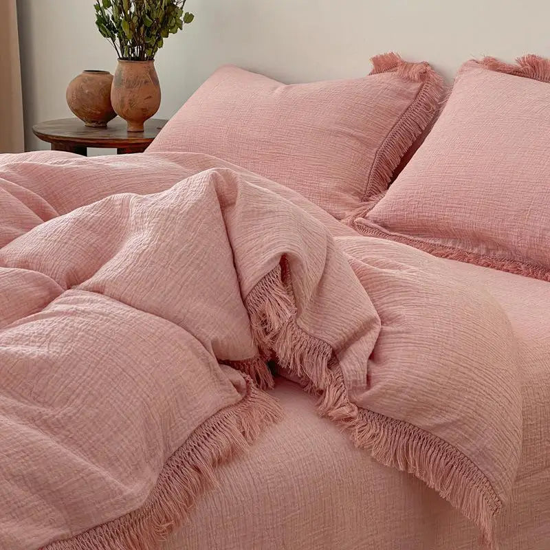 Tassel Duvet Cover Set - 100% Cotton, Seersucker Texture, 2 Pillowcases