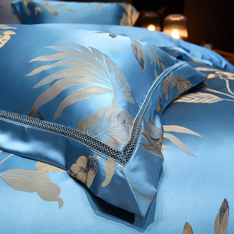 Luxury Satin Jacquard Bed Set - Gold Leaves, Egyptian Cotton, Duvet Cover & Sheets