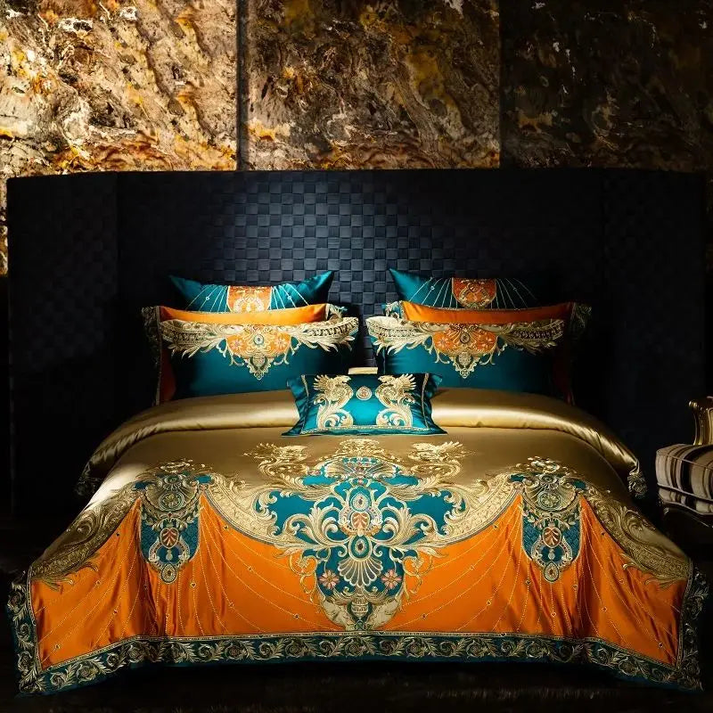 4/6/9Pcs Gorgeous European Palace Style Royal Embroidery Bedding Set Brocade Egyptian Cotton Duvet Cover Bed Sheet Pillowcases