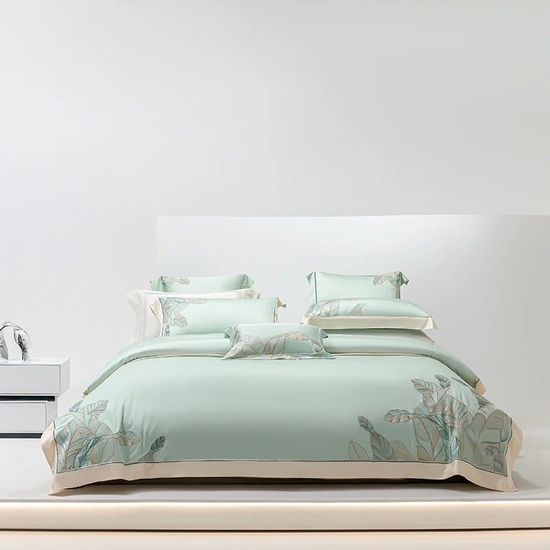 Eucalyptus Lyocell Bed Set - Summer Cool, Leaf Embroidery, Duvet Cover & Sheets