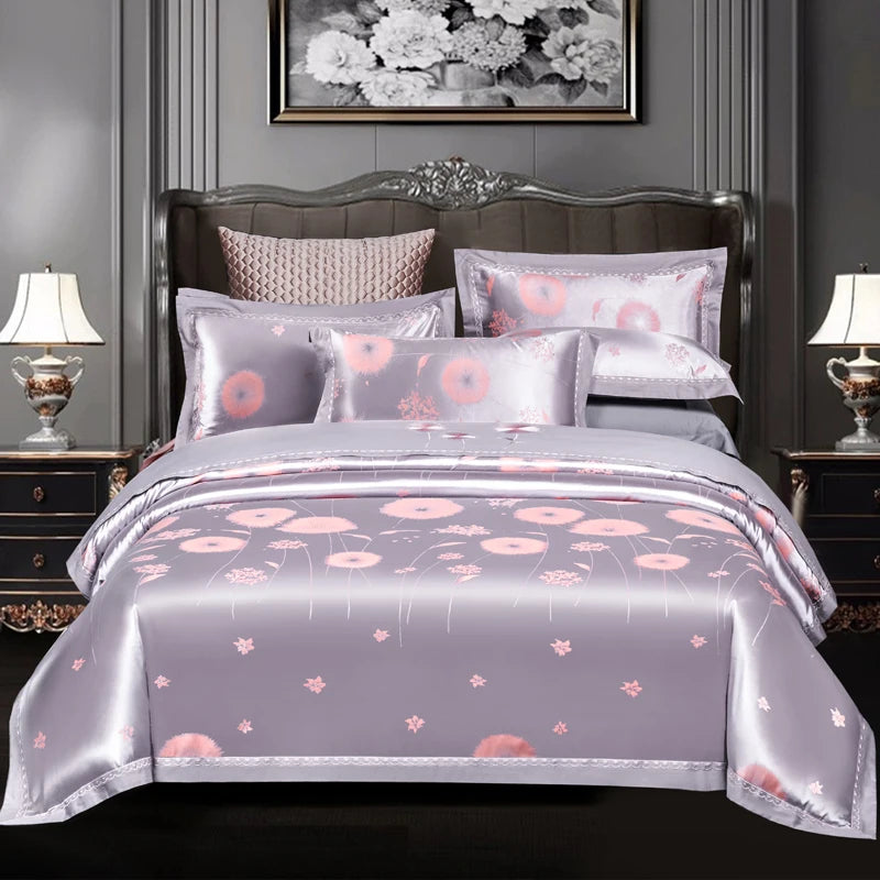 Luxury Jacquard Bedding Sets Floral Grey Pink Comfort A/B High-End Embroidery Duvet Pillowcase Flat Bed Sheet Queen King Size