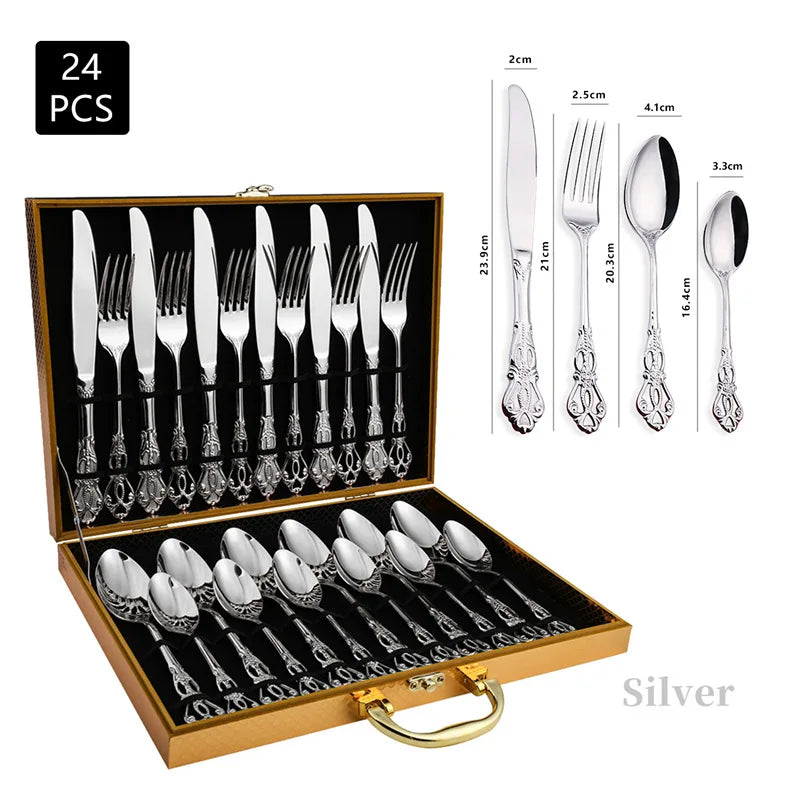 24pcs KuBac Luxury Golden Stainless Steel Steak Knife Fork Set Gold Cutlery Set With Luxury Wood Gift Box 16Pcs Drop Shipping