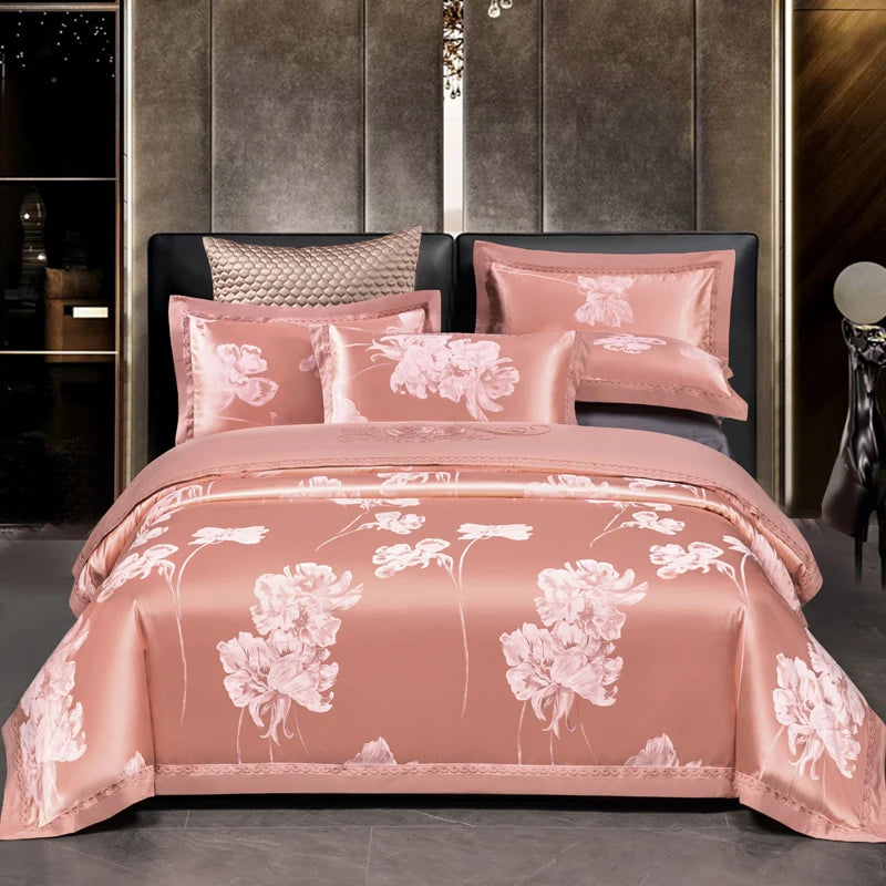 Luxury Jacquard Bedding Sets Floral Grey Pink Comfort A/B High-End Embroidery Duvet Pillowcase Flat Bed Sheet Queen King Size