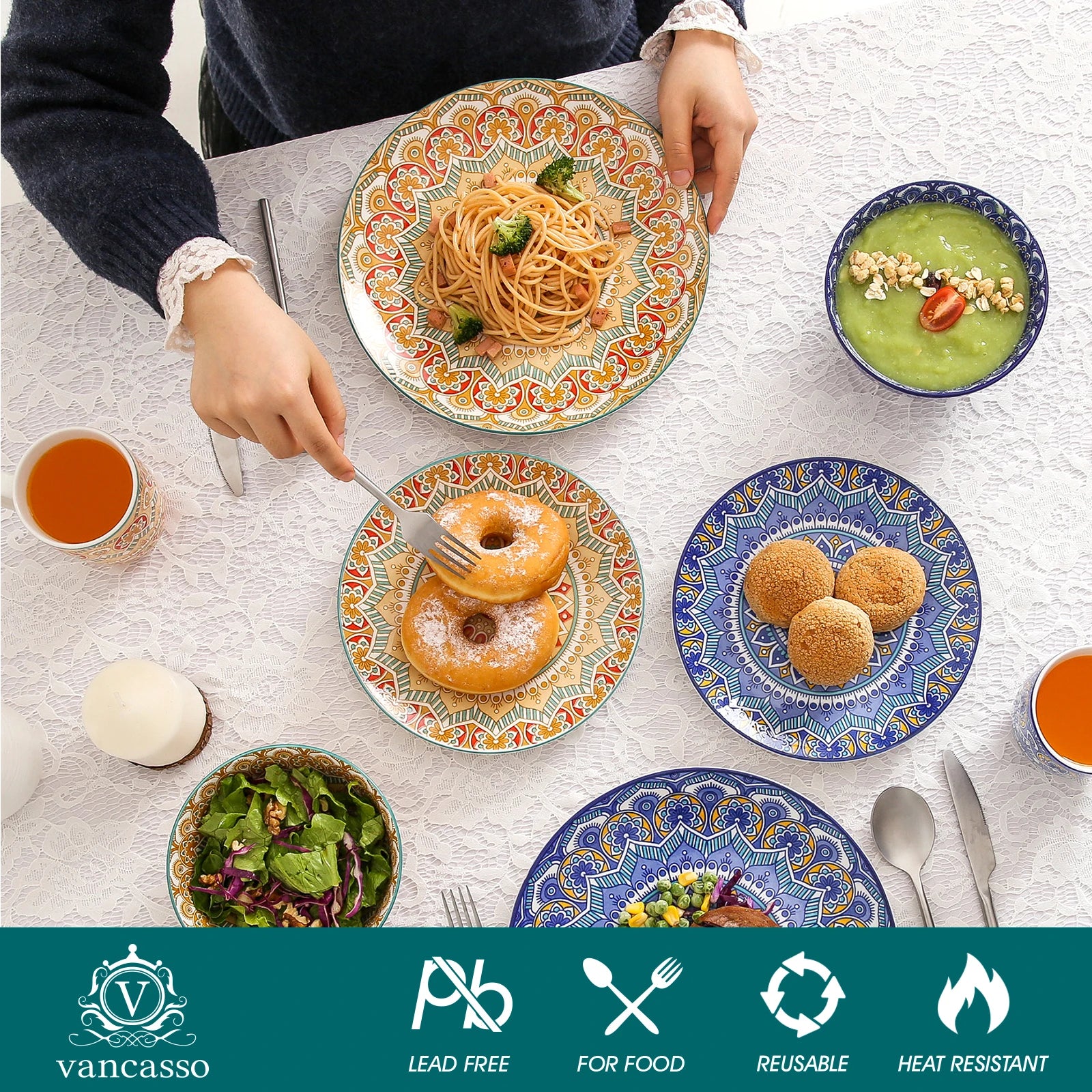 Bohemian dinnerware set featuring geometric pattern plates with food on a table, showcasing vibrant colors and design.