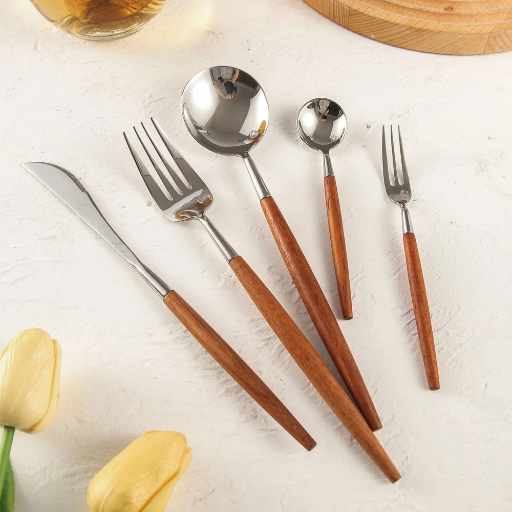 18/10 Stainless Steel Cutlery - Wood & Silver, Dishwasher Safe