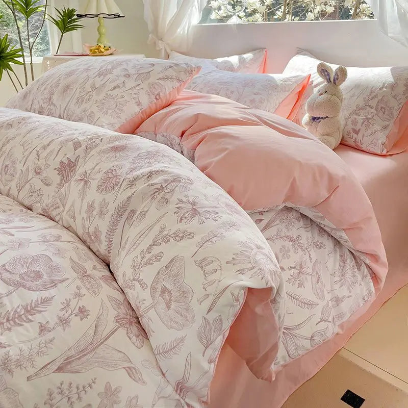 Spring Pink Floral Duvet Cover Set for Kids Girls Women Adults Luxury Bedding With Pillowcase Sheet Soft Bed Linen Home Textiles