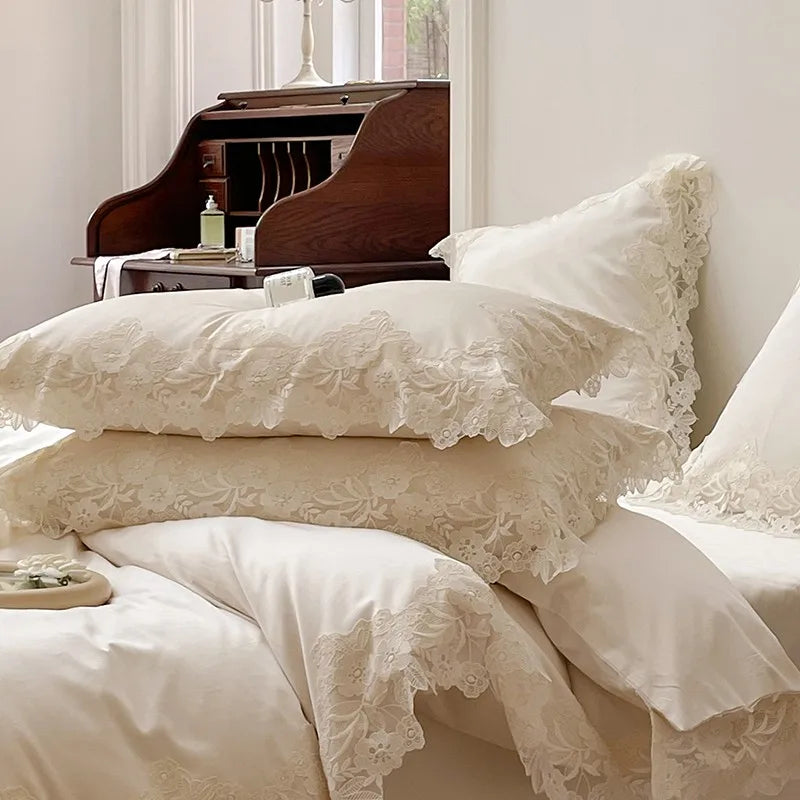 French Romantic Wedding Bed Set - White Lace, Egyptian Cotton