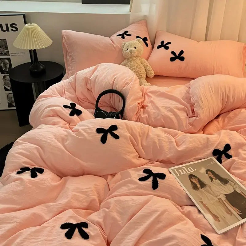 Korean Style Princess Black Bow Bedding Set Soft Washed Cotton Bed Linens With Sheet Pillowcase Girls Duvet Cover Decor Home