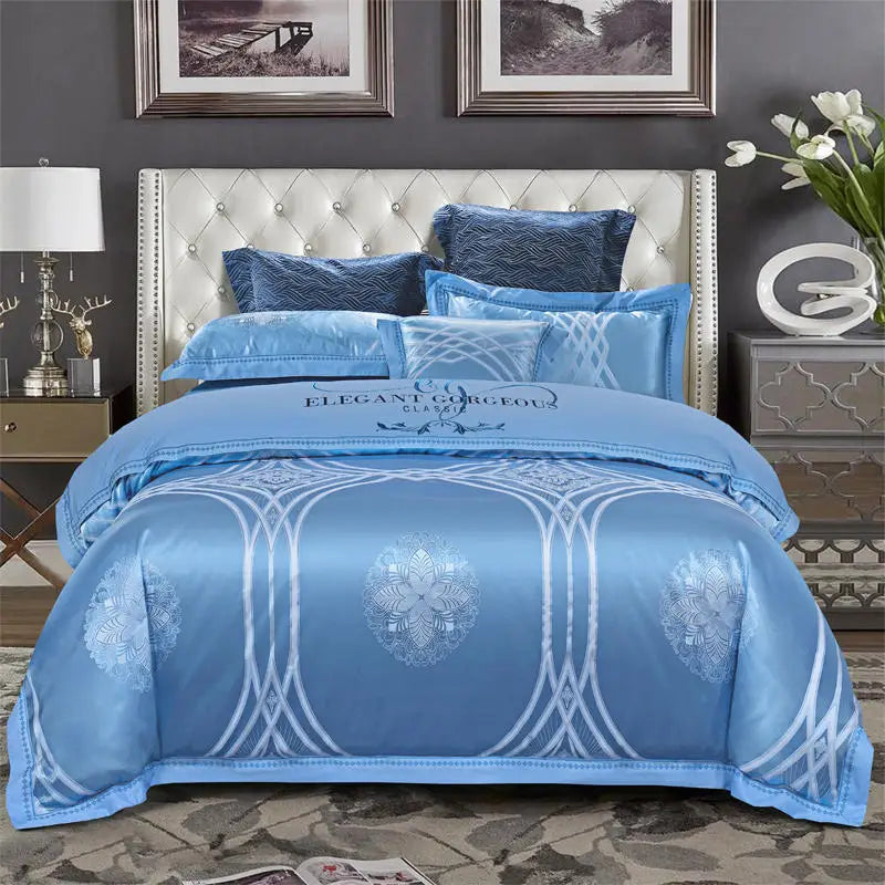 Luxury Jacquard Bedding Sets Floral Grey Pink Comfort A/B High-End Embroidery Duvet Pillowcase Flat Bed Sheet Queen King Size