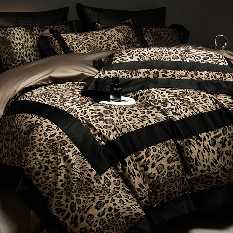 1000TC Egyptian Cotton Leopard Print Fashion Luxury Bedding Set Queen King Size Duvet Cover Flat/Fitted Bed Sheet Pillowcases