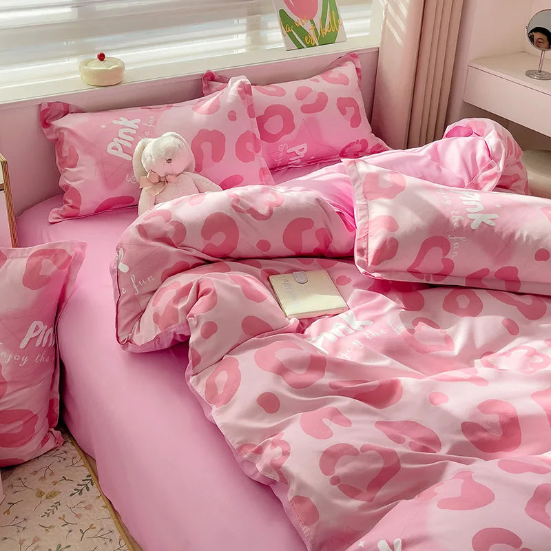 Korean Pink Leopard Bed Set - Twin/Full/Queen, Duvet Cover & Sheets