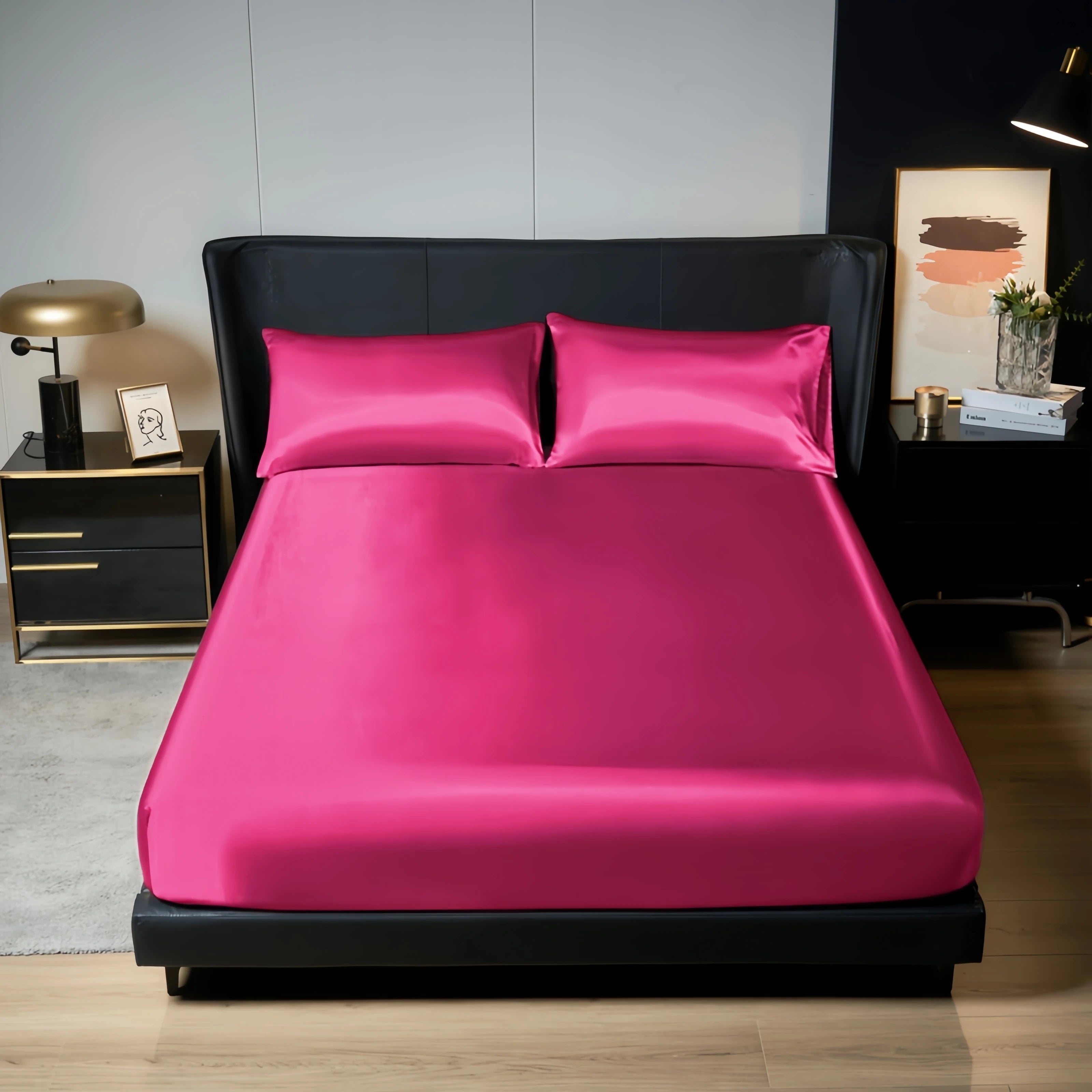 Drap-housse de literie en satin 100 % polyester (sans taie d'oreiller) avec bande élastique autour de la housse de matelas pour lit king size 