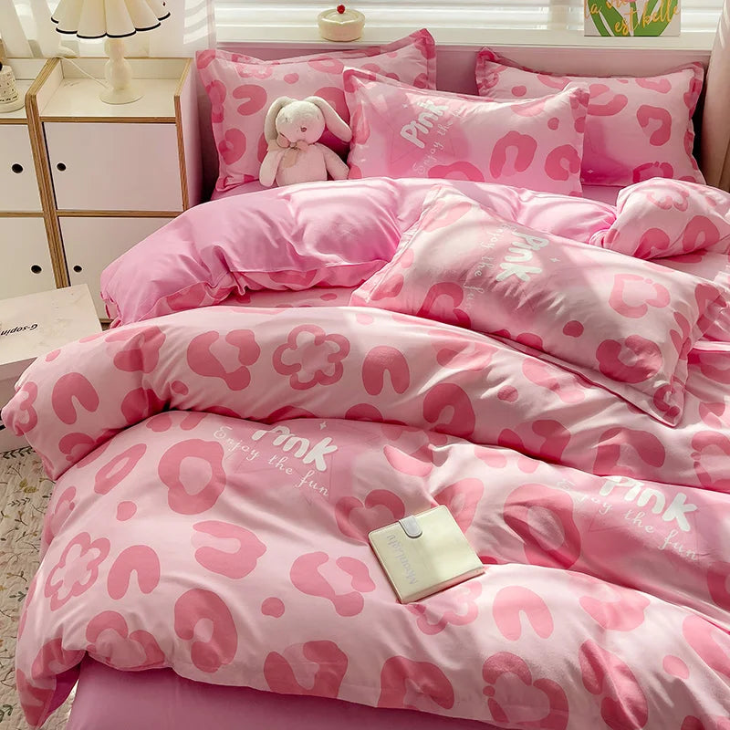 Korean Pink Leopard Bed Set - Twin/Full/Queen, Duvet Cover & Sheets