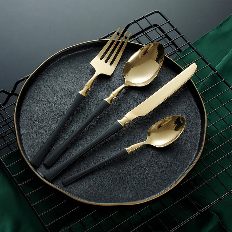 24pcs Stainless Steel Cutlery Set - Black/Gold, Dishwasher Safe