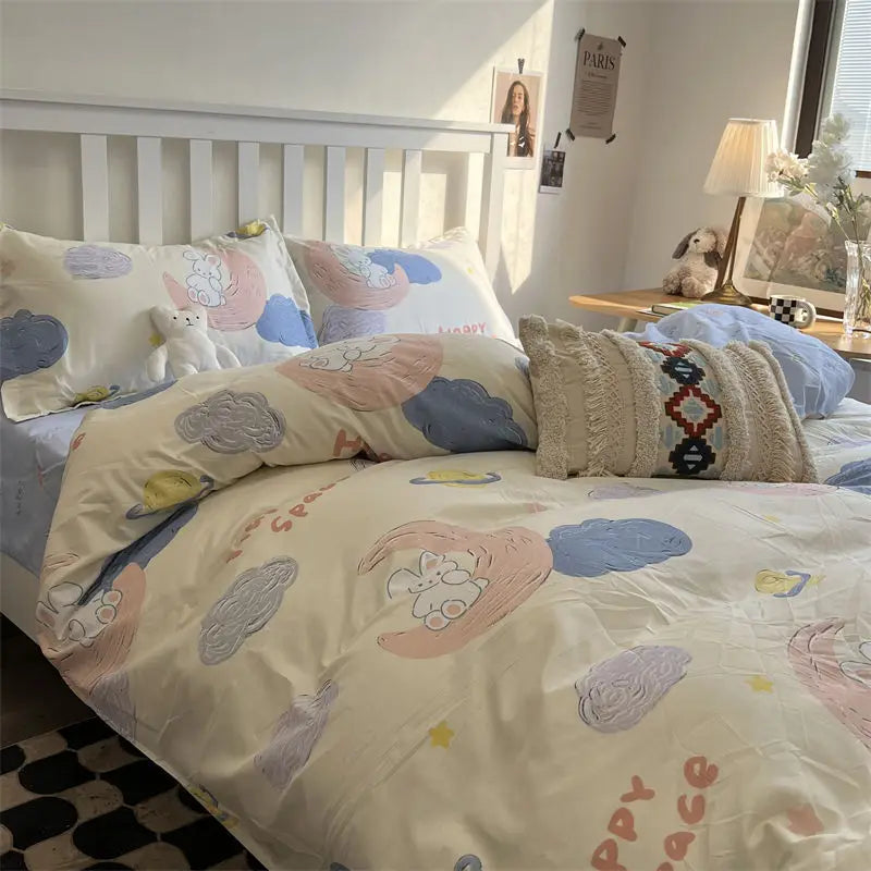 Ins Princess Heart Printed Duvet Cover Set Pillowcase Bed Sheet Girls Bedding Queen Twin Cute Flower Grid Quilt Cover No Filler