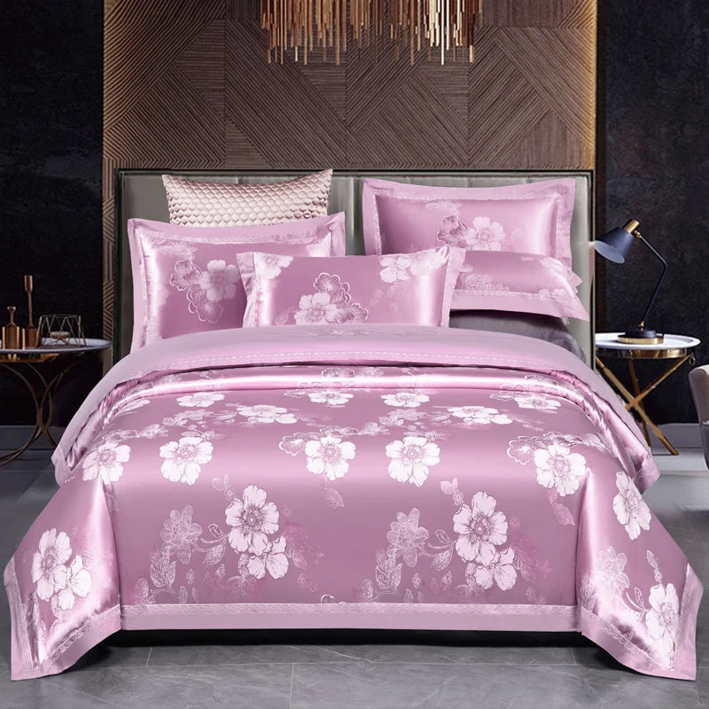 Luxury Jacquard Bedding Sets Floral Grey Pink Comfort A/B High-End Embroidery Duvet Pillowcase Flat Bed Sheet Queen King Size