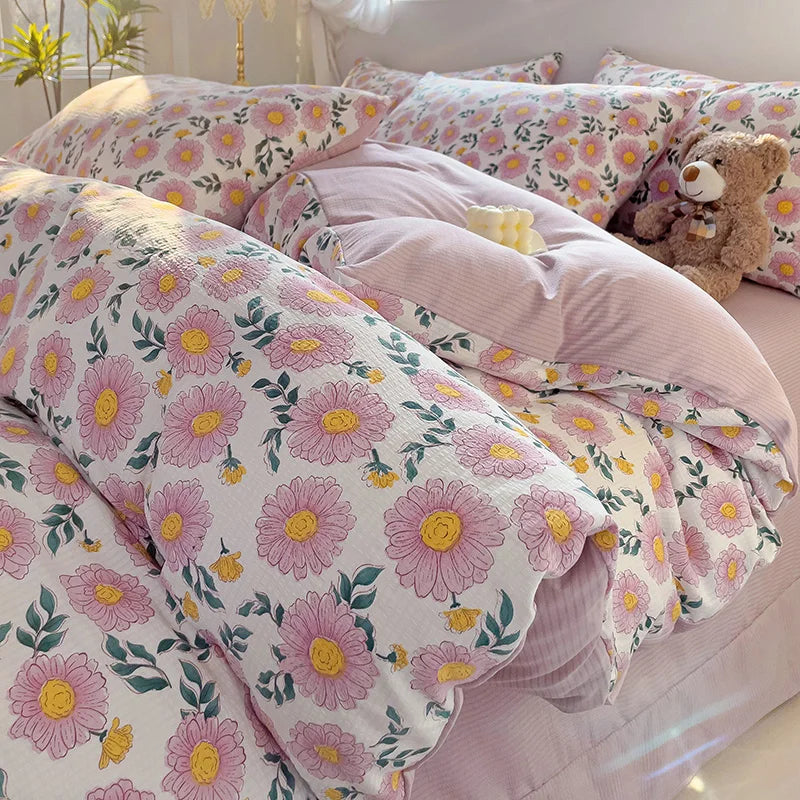 Fresh Botanical Floral Bedding Set Pink Flower Duvet Cover Bed Sheet Soft Quilt Cover with Pillowcase 200x230cm 4pcs No Filler