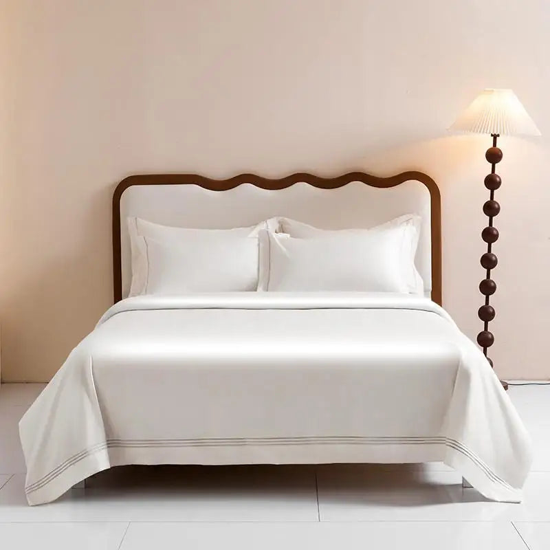 Egyptian Cotton White Duvet Cover Set with Silver Embroidery Border(1Duvet Cover+2Pillow Shams)Soft Breathable