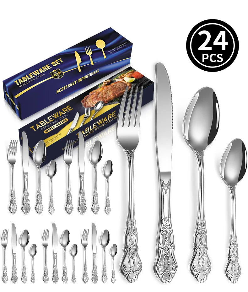 24pcs KuBac Luxury Golden Stainless Steel Steak Knife Fork Set Gold Cutlery Set With Luxury Wood Gift Box 16Pcs Drop Shipping