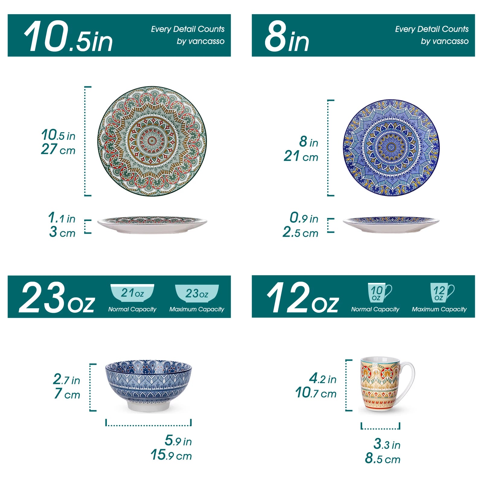 Bohemian dinnerware set featuring mandala pattern plates and bowls with various sizes and capacities, perfect for elegant dining.