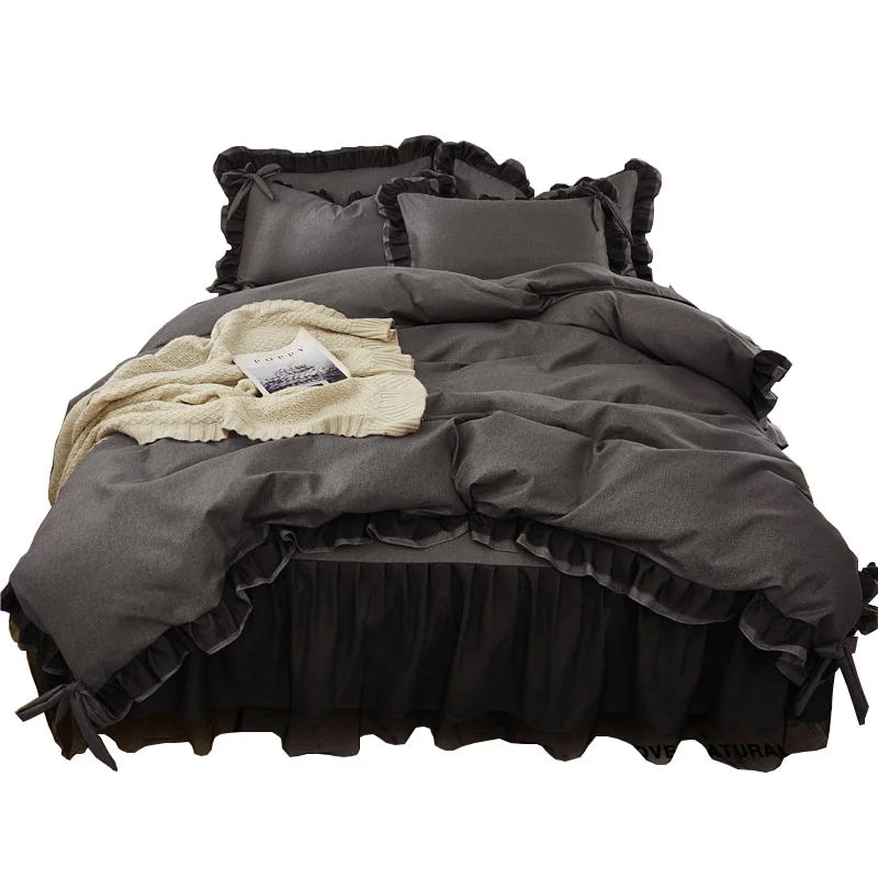 Luxury Black Princess Bed Set - Kawaii Style, 4-Piece, Duvet Cover