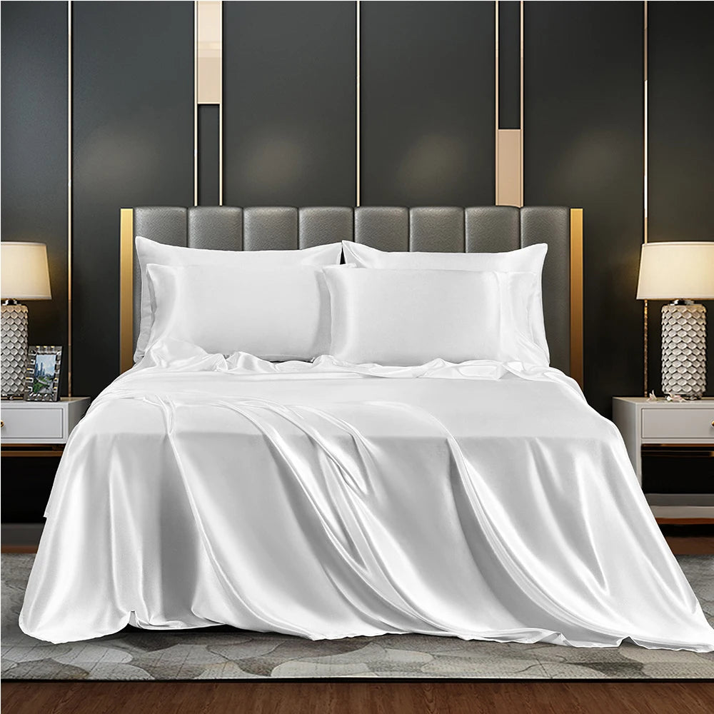 Satin Sheets Set Queen King Size Flat Sheet Fitted Sheet Pillow Case Wrinkle Free Bed Linens for Bed Cooling Bedding Set