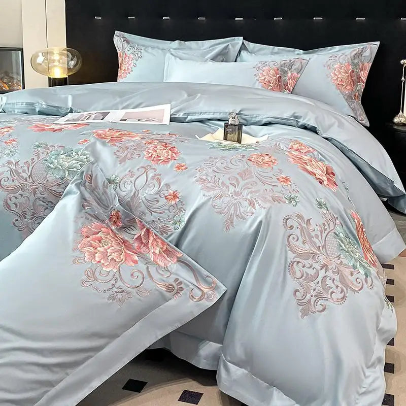 2025 New 100%Cotton Chic Embroidery Bedding Set Double Queen King 4Pcs Duvet Cover Flat/Fitted Bed Sheet Pillowcases