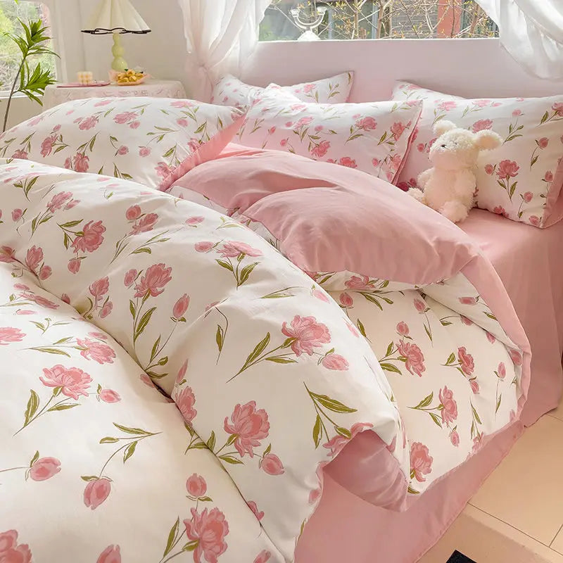 Spring Pink Floral Duvet Cover Set for Kids Girls Women Adults Luxury Bedding With Pillowcase Sheet Soft Bed Linen Home Textiles