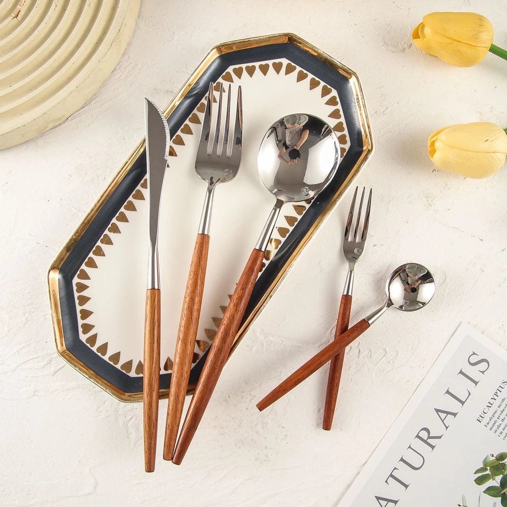 18/10 Stainless Steel Cutlery - Wood & Silver, Dishwasher Safe