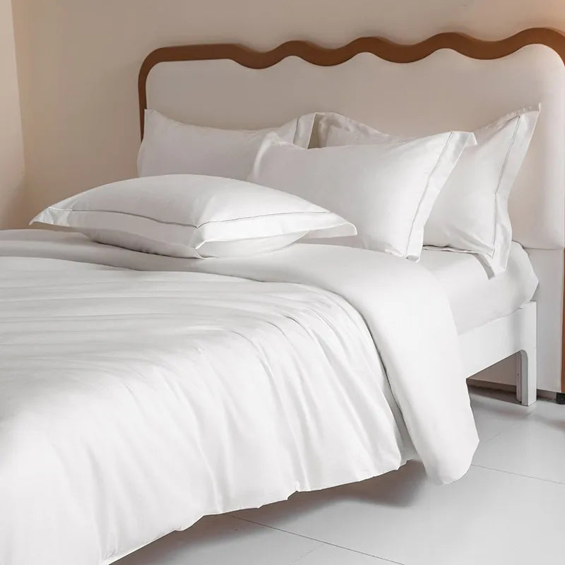 Egyptian Cotton White Duvet Cover Set with Silver Embroidery Border(1Duvet Cover+2Pillow Shams)Soft Breathable