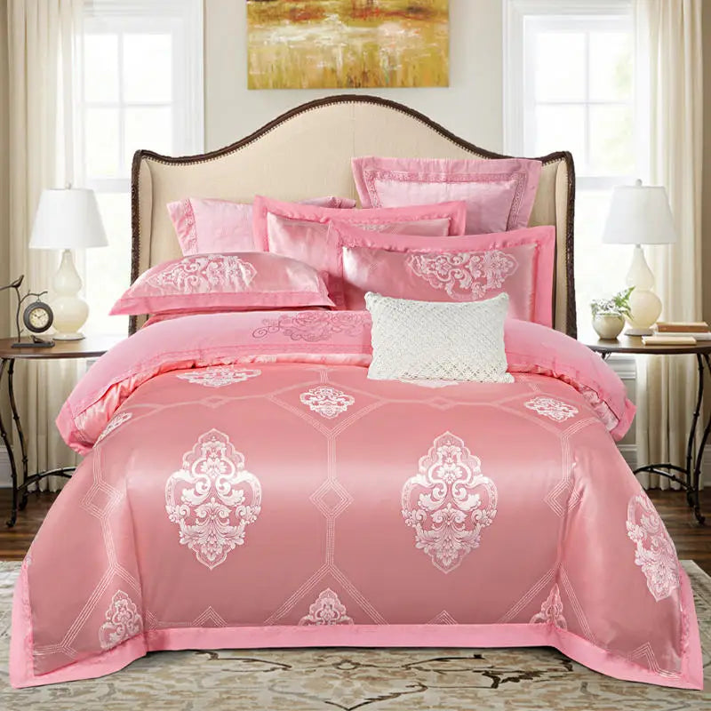 Luxury Jacquard Bedding Sets Floral Grey Pink Comfort A/B High-End Embroidery Duvet Pillowcase Flat Bed Sheet Queen King Size