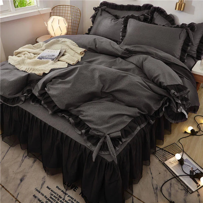 Luxury Black Princess Bed Set - Kawaii Style, 4-Piece, Duvet Cover