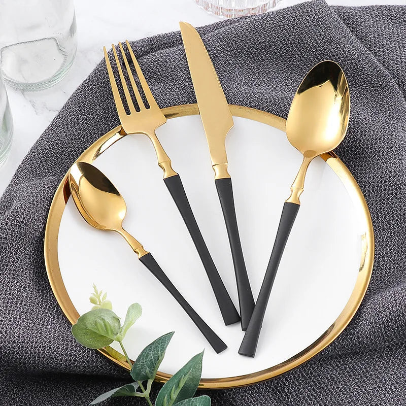 24pcs Stainless Steel Cutlery Set - Black/Gold, Dishwasher Safe
