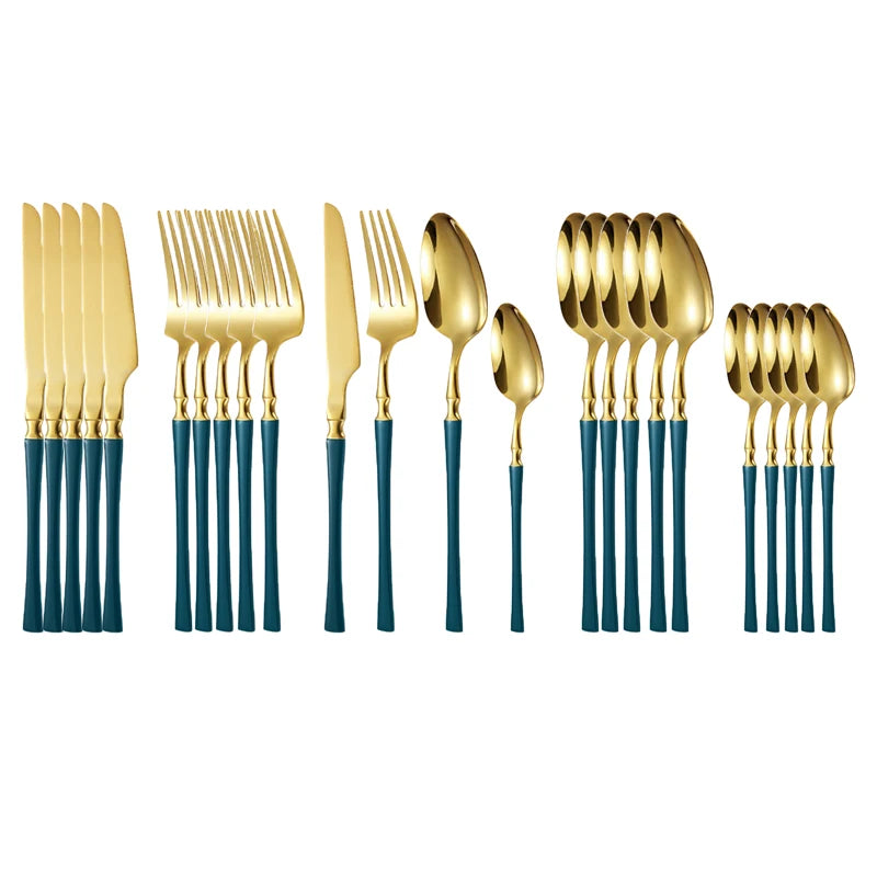 24pcs Stainless Steel Cutlery Set - Black/Gold, Dishwasher Safe