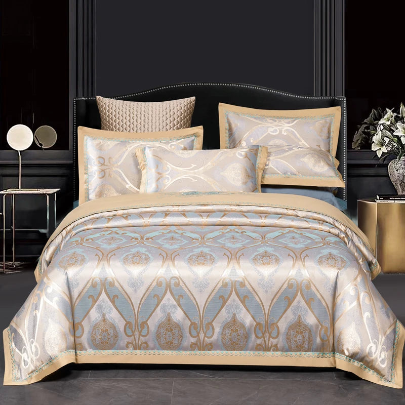 Luxury Jacquard Bedding Sets Floral Grey Pink Comfort A/B High-End Embroidery Duvet Pillowcase Flat Bed Sheet Queen King Size