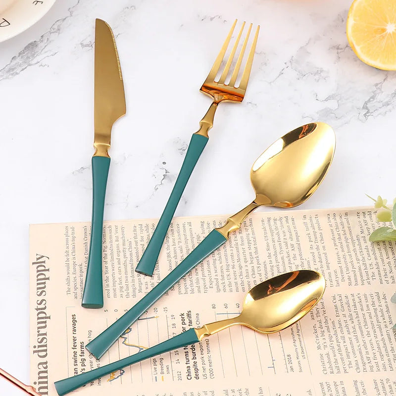 24pcs Stainless Steel Cutlery Set - Black/Gold, Dishwasher Safe