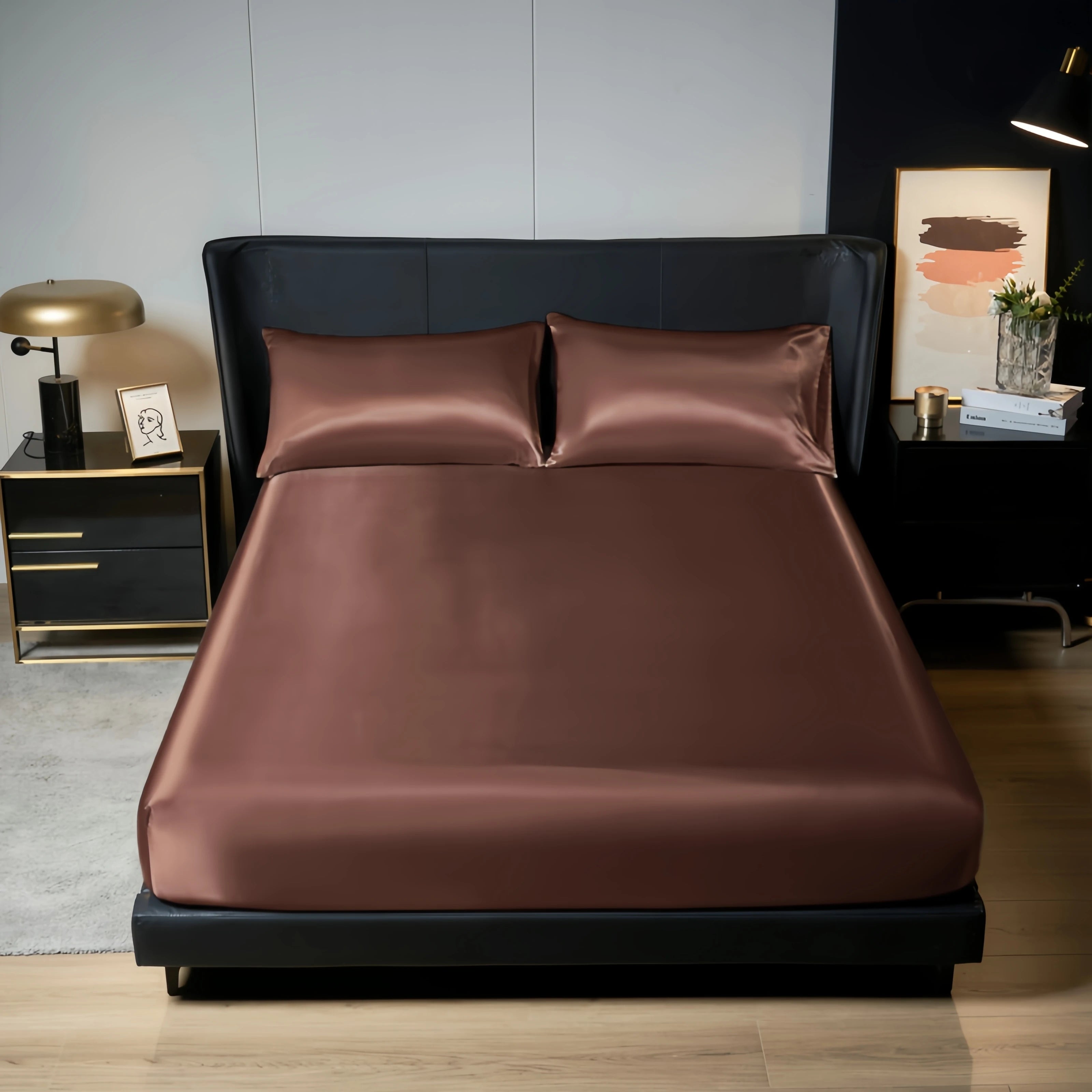 Drap-housse de literie en satin 100 % polyester (sans taie d'oreiller) avec bande élastique autour de la housse de matelas pour lit king size 