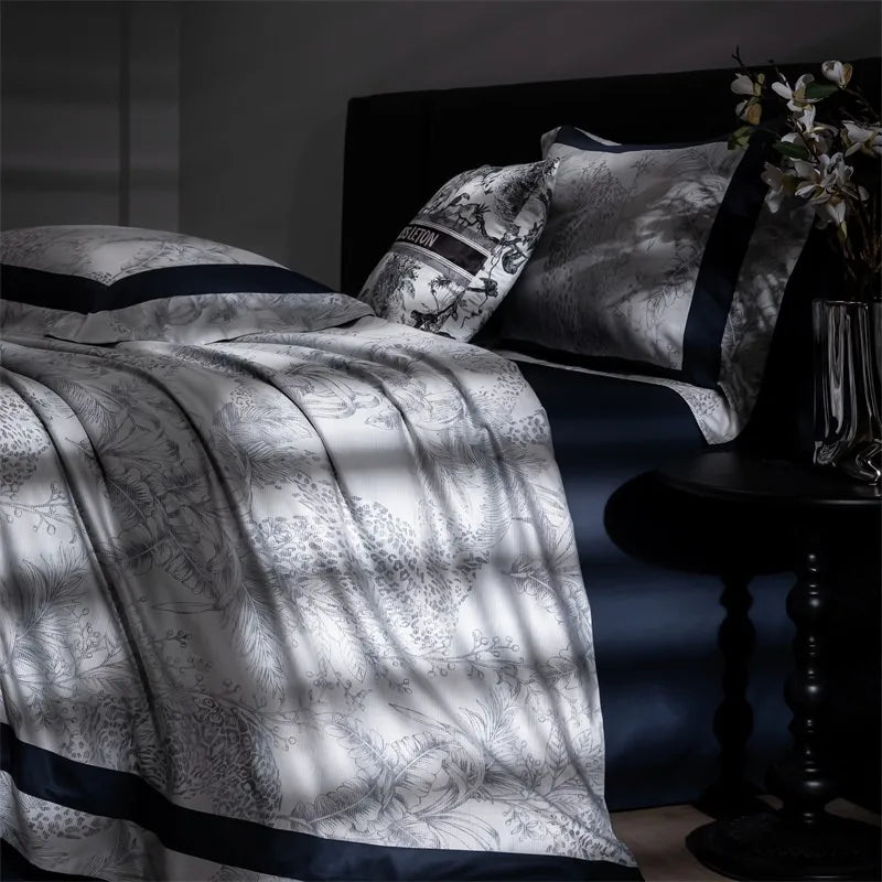 Luxury Black Grey Patchwork Bedding Set Soft Silky 1000TC Cotton Tropical Jungle Forest Duvet Cover Set Bed Sheet Pillowcases