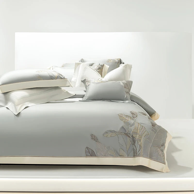 Eucalyptus Lyocell Bed Set - Summer Cool, Leaf Embroidery, Duvet Cover & Sheets