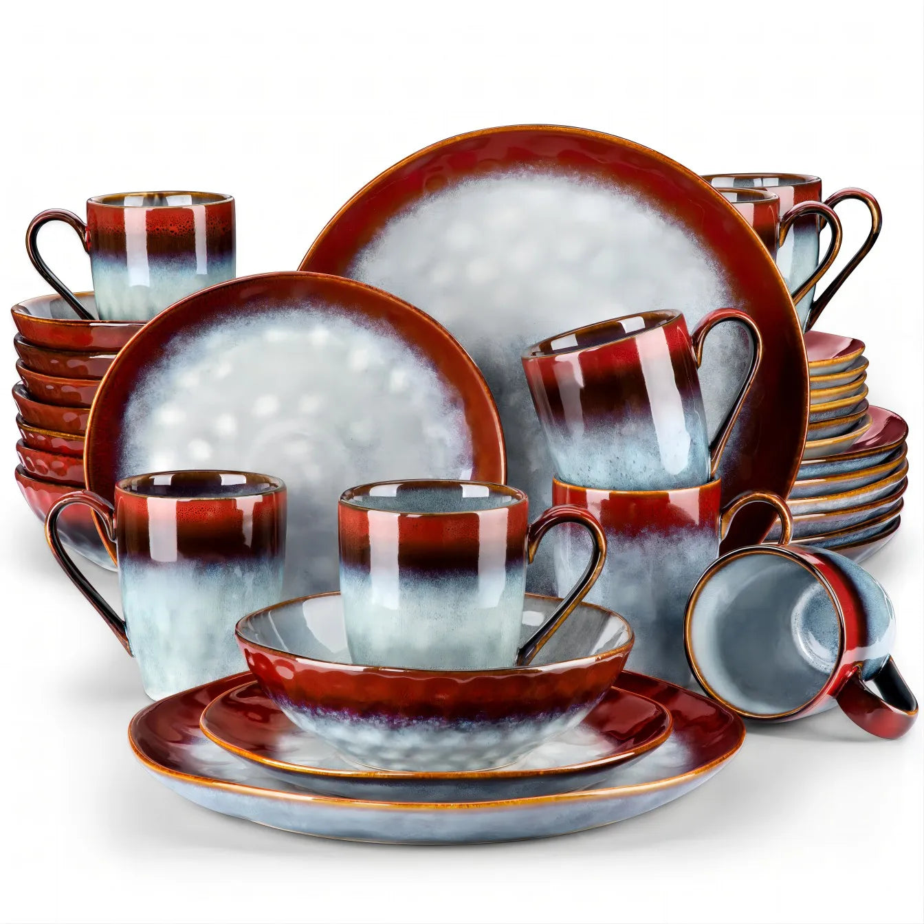 vancasso 16/32/48-Piece Dinner Set,Red Green Kiln Change Glaze Tableware Dinner Service with Dinner Plate,Dessert Plate,Bowl,Mug