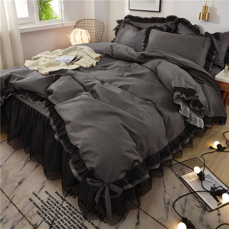 Luxury Black Princess Bed Set - Kawaii Style, 4-Piece, Duvet Cover