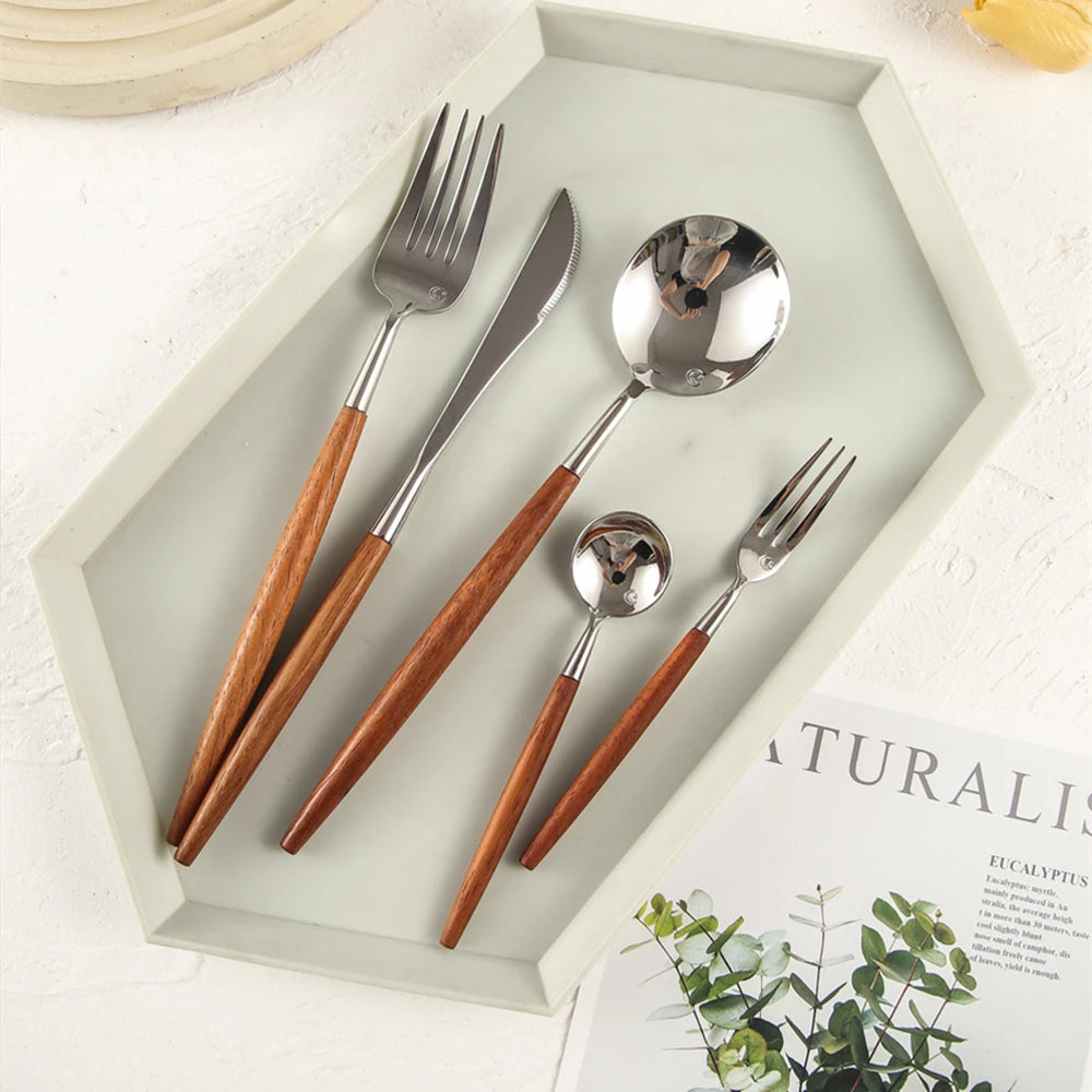 18/10 Stainless Steel Cutlery - Wood & Silver, Dishwasher Safe
