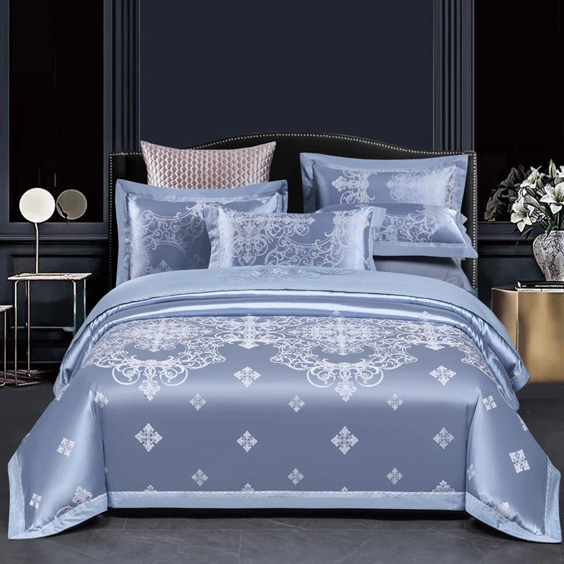 Luxury Jacquard Bedding Sets Floral Grey Pink Comfort A/B High-End Embroidery Duvet Pillowcase Flat Bed Sheet Queen King Size