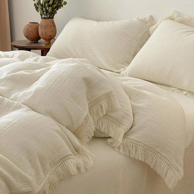 Tassels Duvet Cover Set 100% Cotton seersucker Linen Like Textured Natural Wrinkle Lightweight Comfy Soft Bed Sheet 2Pillowcases