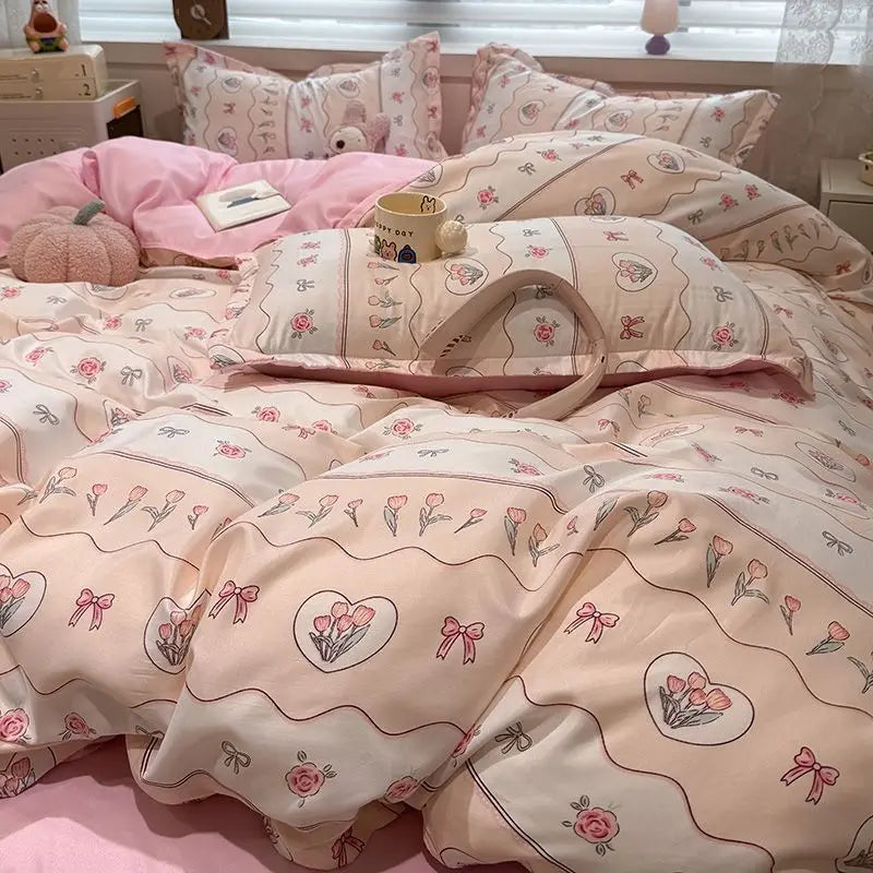 Ins Princess Heart Printed Duvet Cover Set Pillowcase Bed Sheet Girls Bedding Queen Twin Cute Flower Grid Quilt Cover No Filler