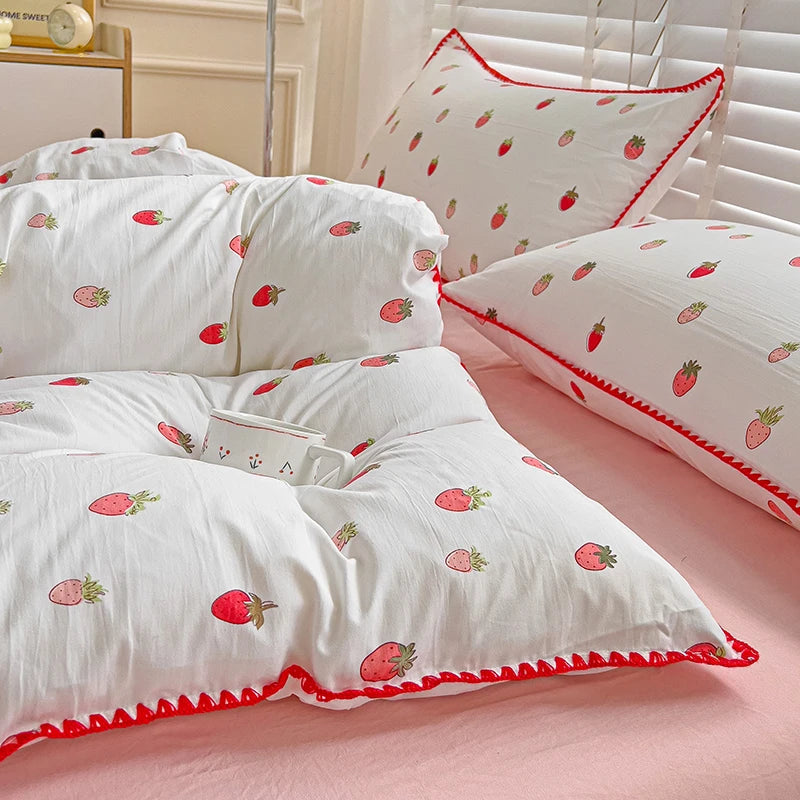 Cute Strawberry Duvet Cover Set with Flat Sheet Pillowcase No filler Queen Double Girls Kids Home Decor Washed Cotton Bed Linens